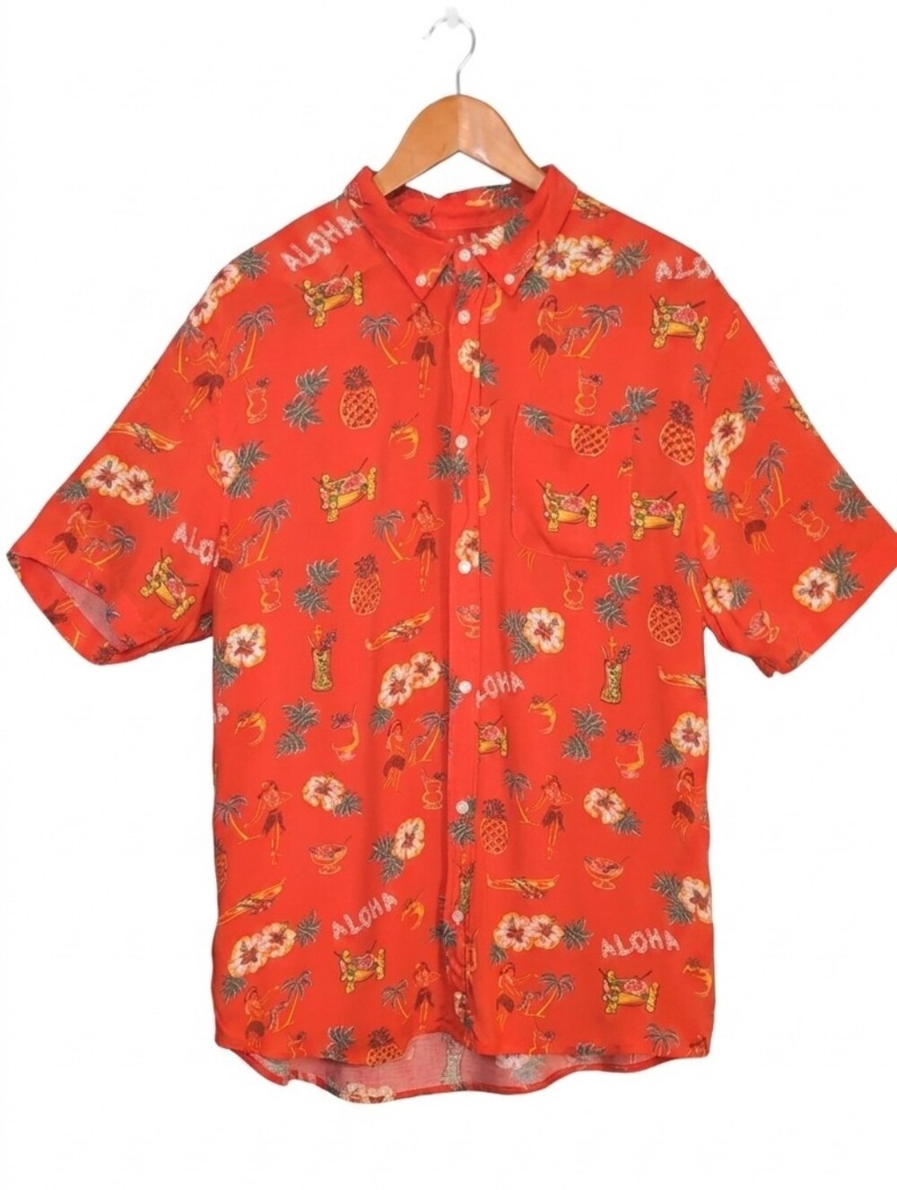 Amnesia Mens Orange Hawaiian Aloha Rayon Button Up Shirt Size Large West49
